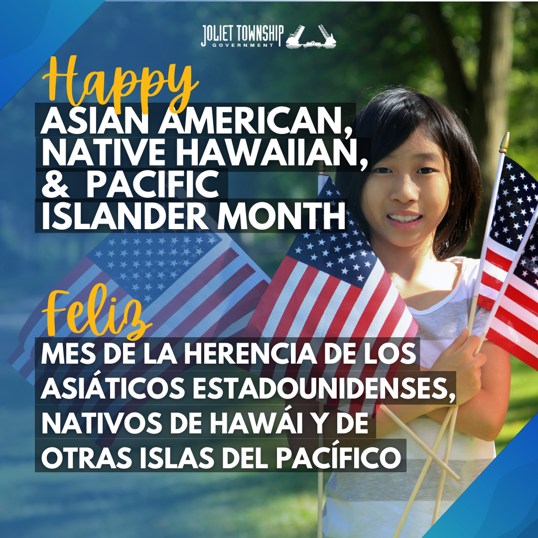 Smiling Asian American Girl holds several American flags. Text reads "Happy Asian American, Native Hawaiian, & Pacific Islander Month".