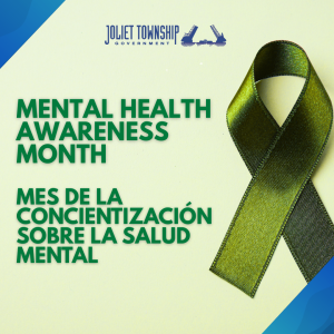Text reads "Mental Health Awareness Month" in English and Spanish and shows a green ribbon on a green background.
