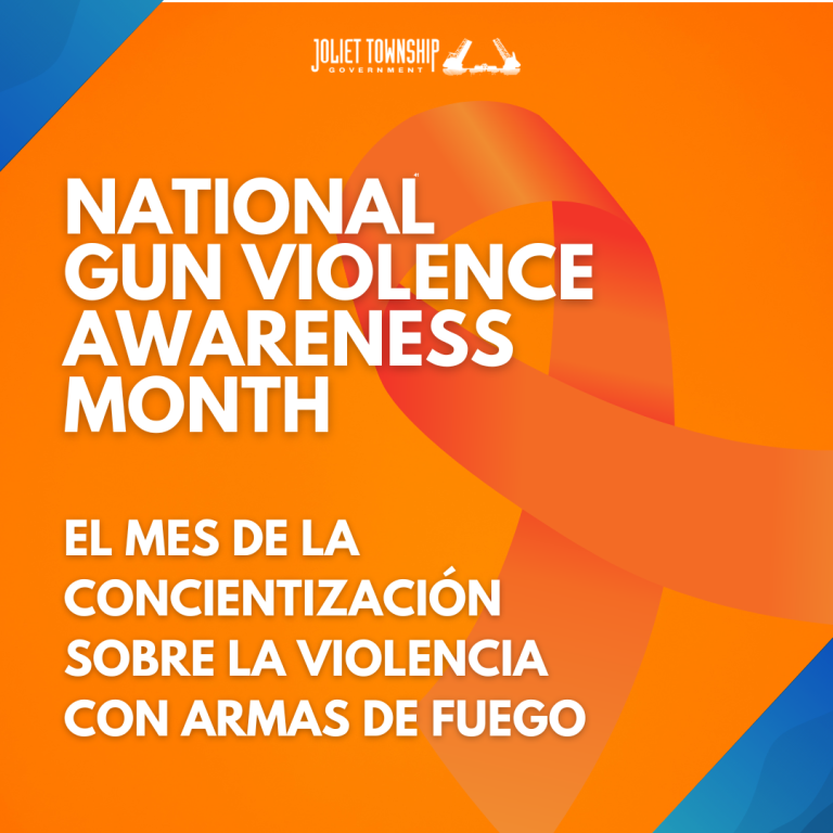 Orange background and an orange ribbon. Text reads "National Gun Violence Awareness Month" in English and in Spanish.