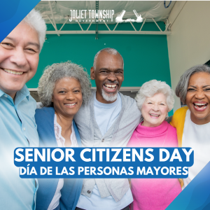 A group of smiling, diverse seniors stand next to each other smiling. The words "Senior Citizens Day" appear in English and in Spanish.
