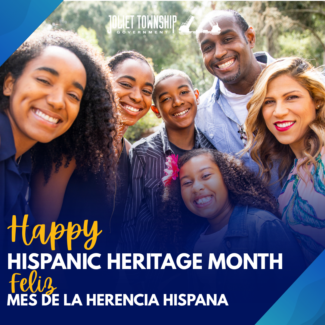 A smiling family with the words "Happy Hispanic Heritage Month" in fromt of them.